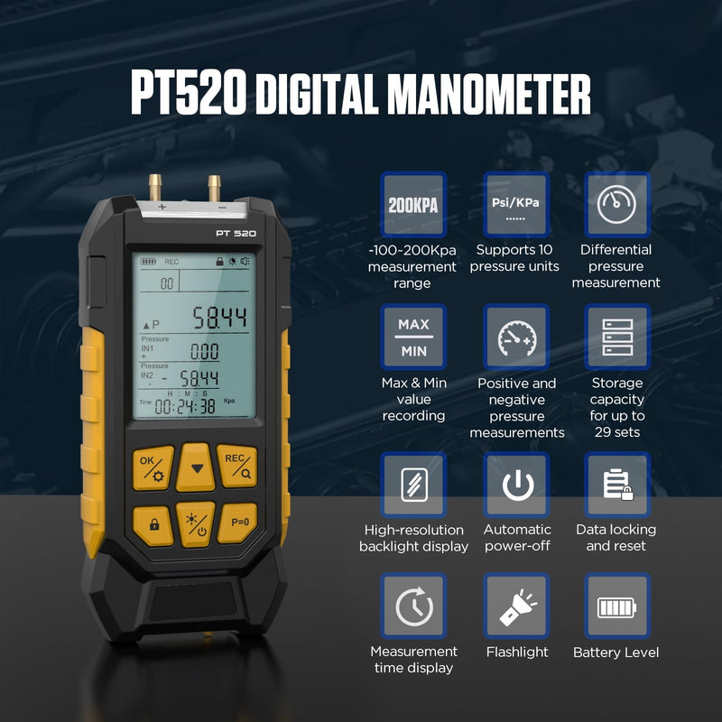 [Australia - AusPower] - PT520 Digital Pressure Gauge Air Pressure Gauge -100-200 KPa 0.1 Resolution Air Pressure 10 Units Differential Dual Port HVAC Digital Pressure Gauge Gas Pressure Gauge with Backlit LCD Display 