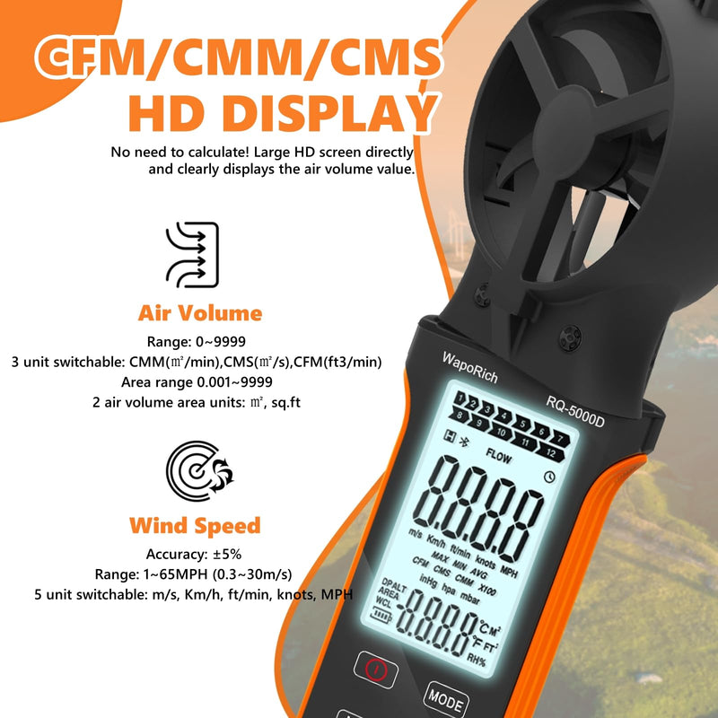 [Australia - AusPower] - Wind Meter CFM Meter, WapoRich Anemometer Handheld Wind Speed Meter Digital Wind Meter Rechargeable Measures Air Volume/Wind Speed/Temp with MAX/MIN for HVAC Drone RQ-5000D 