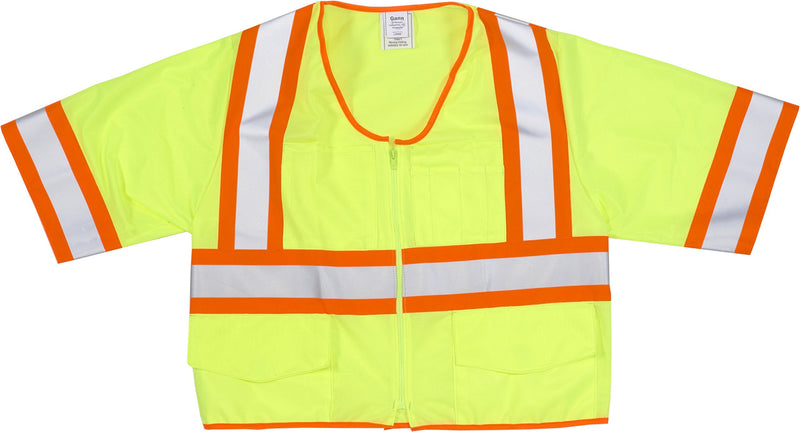 Mutual Industries High Visibility ANSI Class 3 Solid Vest with Pocket and 4" Orange/Silver/Orange Reflective Tape, X-Large, Lime