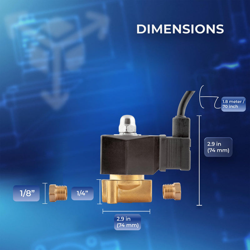 UNOX 1/4 Inch NPT Brass Electric Solenoid Valve 110V AC with 6 ft Cable, 3 Wire Connection, 1/8" Converter Included, Normally Closed, Pressure 0-363 PSI (0–25 bar), Water, Air