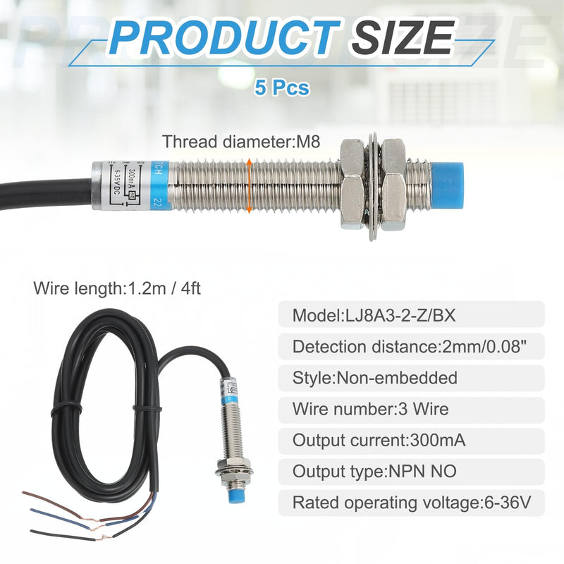 [Australia - AusPower] - MECCANIXITY 5Pcs Inductive Proximity Sensor,NPN NO M8 DC 6-36V 300mA Proximity Switch Detector Approach Sensor 2mm 3 Wire for Industrial Automation LJ8A3-2-Z/BX 5 