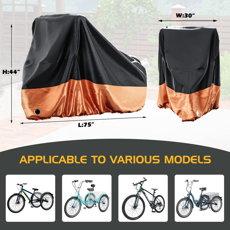 [Australia - AusPower] - MOONCOOL Adult Tricycle Cover Trike Cover, 3 Wheeled Bicycle Bike Cover for Outdoor Storage Waterproof, Dust Wind Proof for Bikes 75"L Black & Orange 