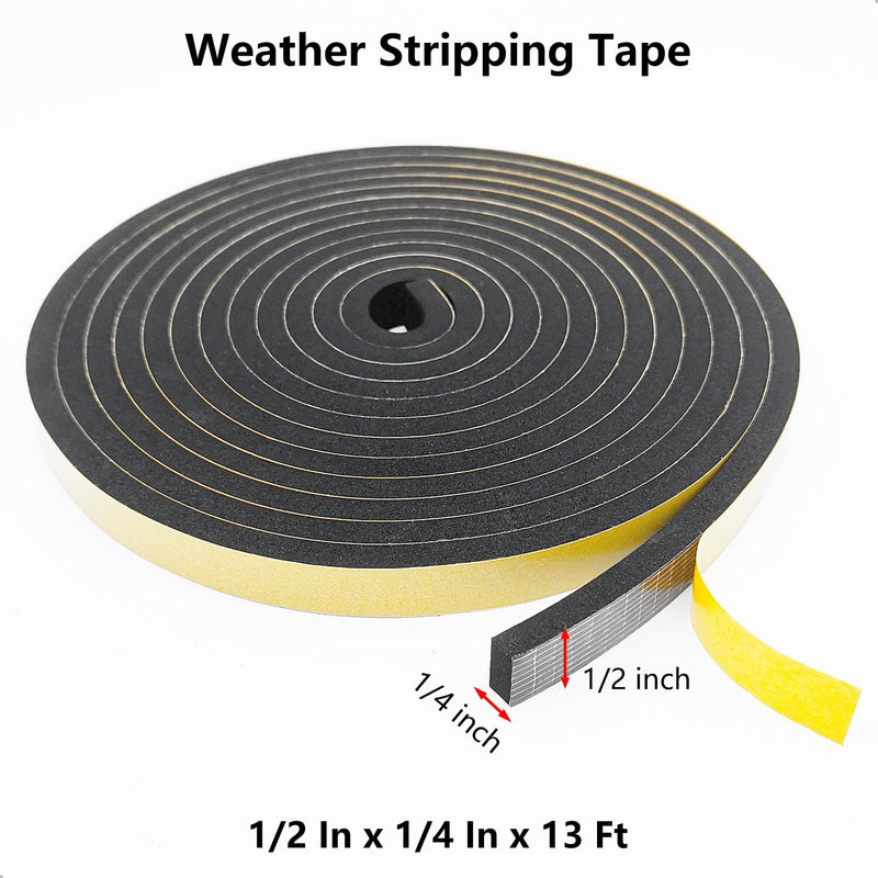 [Australia - AusPower] - Weather Stripping Door Seal Strip, Strong Adhesive, Weatherproof, Reduce Noise, Gap Filler, Foam Insulation Tape for Doors and Windows (1/2 in x 1/4 in x 13 Ft) 1/2 In x 1/4 In x 13 Ft Black 