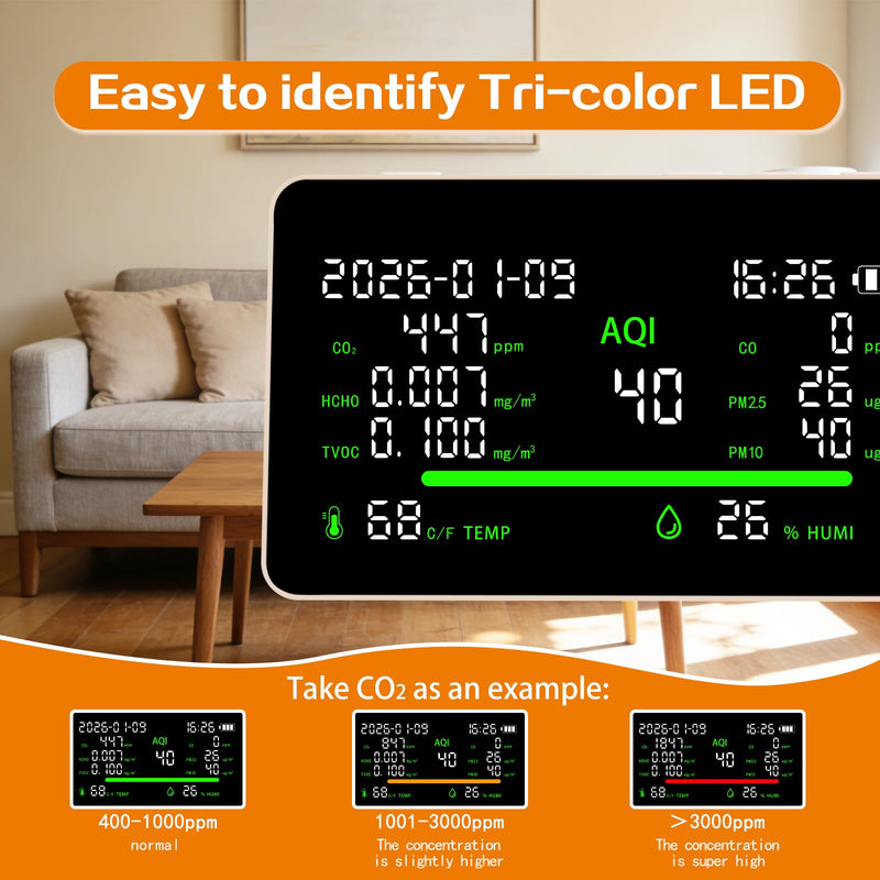[Australia - AusPower] - 11-in-1 Air Quality Monitor, Indoor CO2VOC/AQI/PM2.5/Thermometer/Humidity Monitor, Portable Smart Air Quality Meters, Air Quality Tester for Home Office Outdoor, Battery Powered 