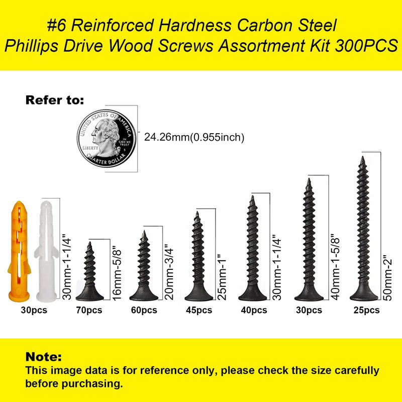 [Australia - AusPower] - M3.5 Wood Screw Assembly Kit,Drywall Screws,Phillips Drive Flat Head Self Tapping Screw Set,Kitchen Cabinet Drywall Small Screws 300 Pcs,Length 5/8" to 2",Oxide Coated Deck Black or DIY Fasteners. #6 Assortment Kit(300 PCS) 