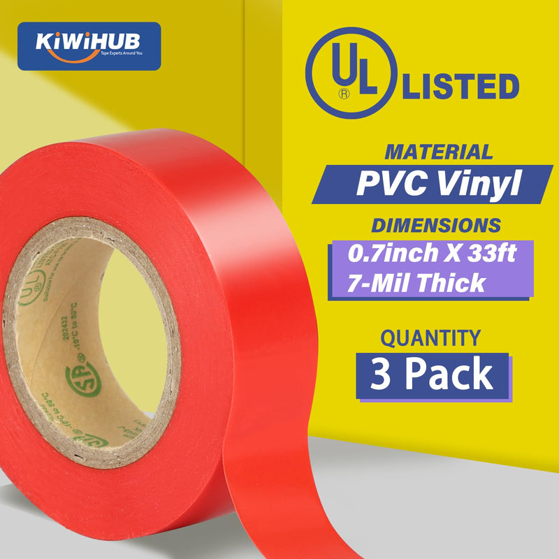 Red Electrical Tape, UL Approved, Industrial Grade Vinyl Electrical Insulating Tape, Electric Tape for Improvement Electrical Equipment, 0.7in X 33ft(3 Pack) Red