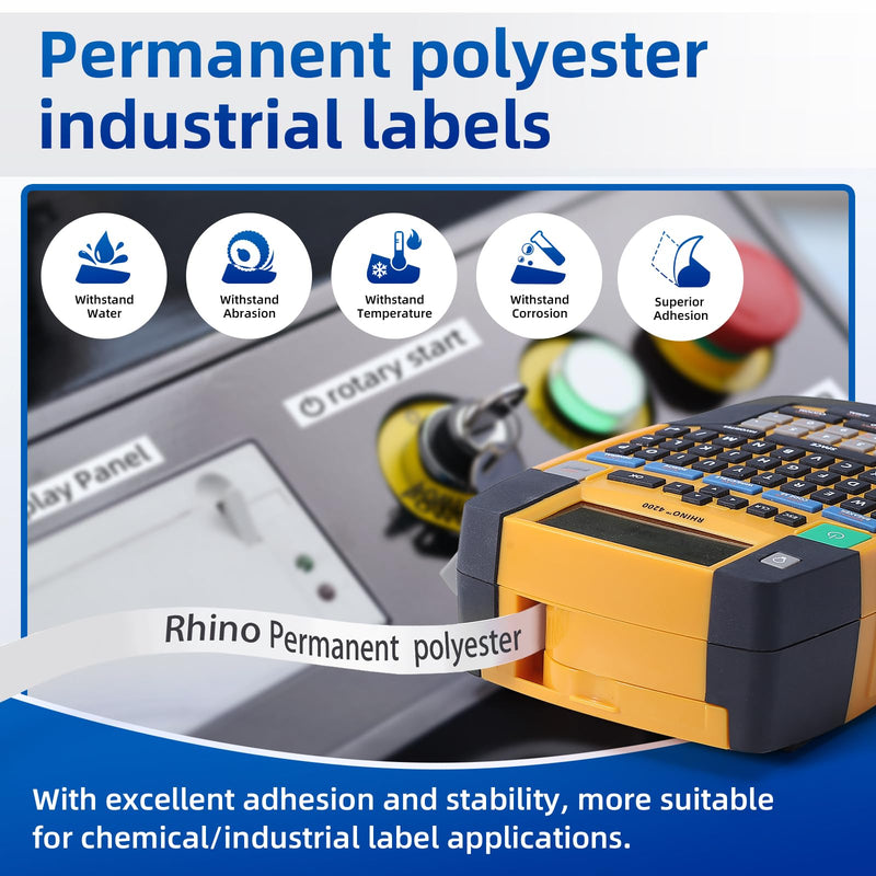 COLORTY 18483 12mm Industrial Labels Tape Replacement for Dymo Rhino Permanent Polyester Labels, Work for Rhino 1000 3000 4200 5000 5200 6000 Label Maker, Black on White, 5-Pack 1/2 inch