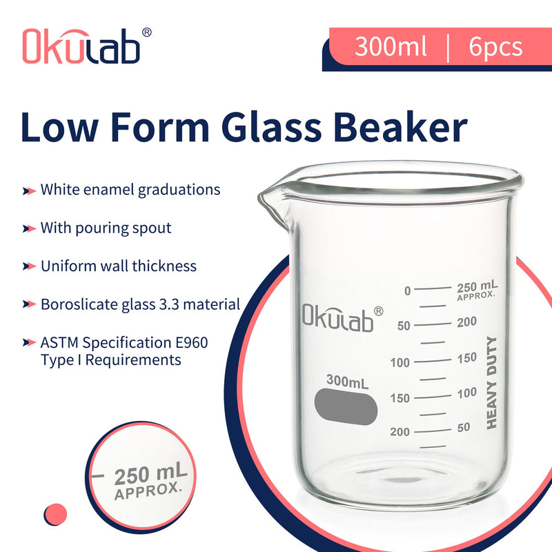 6 Pcs 300mL Glass Beaker Set, Low Form Beakers, Graduated Glass Beakers for Lab, Classroom, Craft, Kitchen,BKLG300A6-X 6 Pcs of 300ml