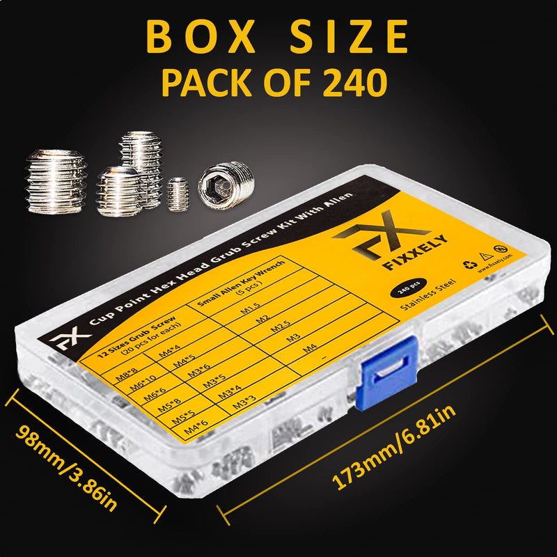 [Australia - AusPower] - Set Screws Assortment Kit - 240 (M3, M4, M5, M6, M8), Metric 304 SS Grub Screws Cup Point & Hex Head with 5 Allen Keys (M1.5-M4) - Ideal for Door Handles, Home Repairs and More 1 240 Pcs - M3,M4,M5,M6,M8 