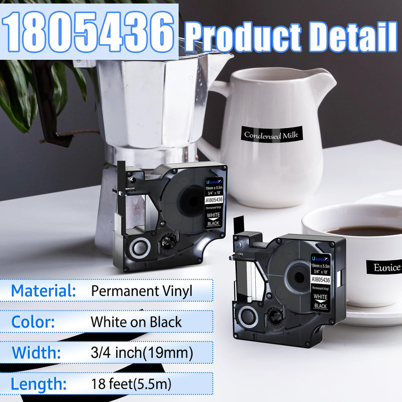 USUPERINK 4 Pack White on Black 19mm Vinyl Tape Compatible for Dymo Rhino 1805436 3/4'' x 18' Permanent Vinyl Label Tape for Rhino Pro 4200 5000 5200 6000 3M PL200 PL300 Industrial Label Makers