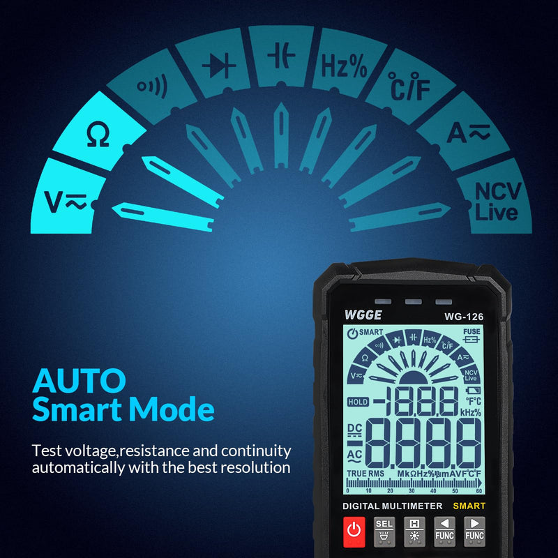 [Australia - AusPower] - WGGE Digital Multimeter Voltmeter Smart Electrical Tester Measures Voltage Current Resistance Continuity Duty-Cycle Capacitance Temperature Frequency Auto Ranging 6000 Counts TRMS 