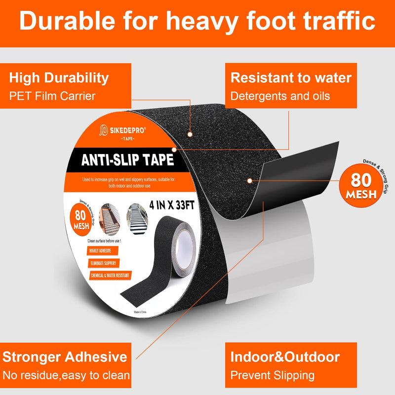 SIKEDEPRO 4" x 33Ft Heavy Duty Anti-Slip Tape,Skateboard Grip Tape, Non-Skid Safety Traction Tape for Staircases Outdoor/Indoor, Waterproof High Traction Stairs Non Skid Treads 4inch