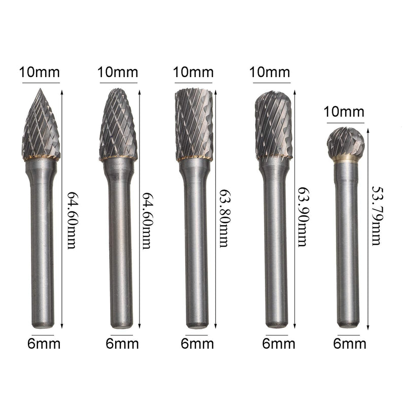 [Australia - AusPower] - HPMAISON 5 Piece Rasp Set, Carbide Burr Set, 6 x 10 mm Drill Ball Mill, Cylinder Cutter, Tenon Mill, Cone Cutter for DIY, Metal Carving, Drilling, Polishing Hartmetall Rotationsfräser-Set mit 6mm Schaft 