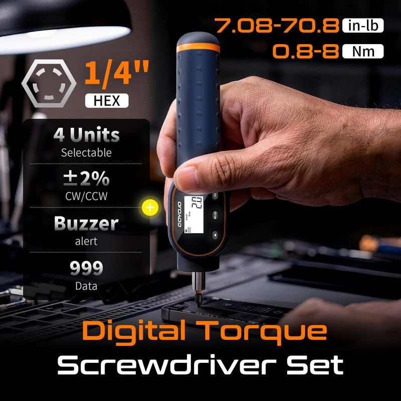 GOYOJO Digital Torque Screwdriver 7.08–70.8 in-lb / 0.8–8 Nm, 1/4" Adjustable Torque Screwdriver Set with Buzzer & Magnetic Bits, 999 Data Storage, for Gunsmithing, Electronics, and Mounting