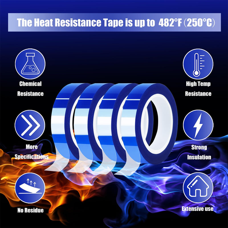 4 Rolls 10mm x16m(52FT) Blue Heat Tape High Temperature Heat Resistant Tape Heat Transfer Tape for Heat Sublimation Press Vinyl,No Residue