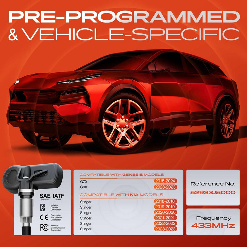 [Australia - AusPower] - A-Premium 4PCS Pre-Programmed TPMS Sensor Tire Pressure Monitoring Sensor - Compatible with Kia Stinger 2018-2023 & Genesis G70 2018-2024, G90 2023-2023 - 433MHz - Replace 52933-J5000 