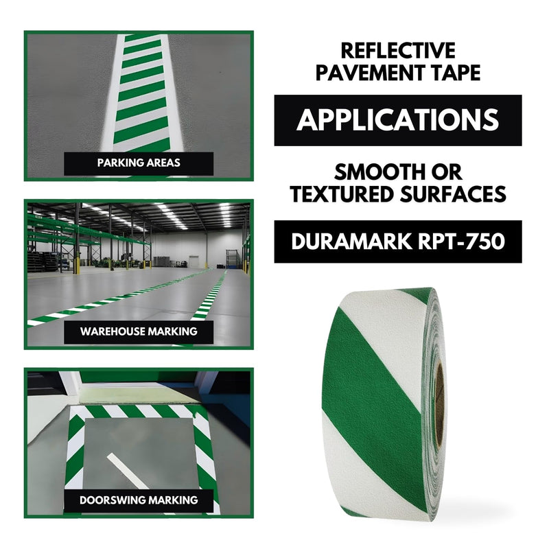 DuraMark RPT-750 Hazard Safety Warning Stripe Tape, Outdoor Heavy Duty Rubber Base Safety Tape, Reflective Slip Resistant Pavement Marking Adhesive Tape for Hazardous Areas (Green & White, 2" x 18') 2 Inch x 18 Ft Green/White