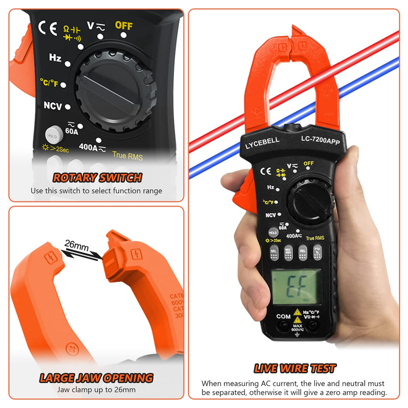 [Australia - AusPower] - 6000 Counts Clamp Meter & Bluetooth, Digital AC DC Voltage Current Amp Ohm Meter TRMS NCV Detector, Clamp Multimeter for Resistance Diode Continuity Temperature Car Electrical Tester 7200-APP 