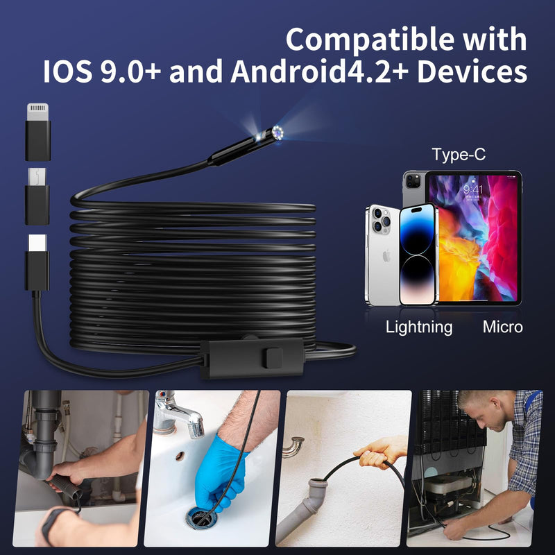 [Australia - AusPower] - Endoscope Camera with Light, 1920P HD Borescope Inspection Camera with 8 Adjustable LEDs, IP67 Waterproof Semi-Rigid 16.4ft Snake Cable for Android, iPhone, and iPad(Dual Lens) Dual Lens 