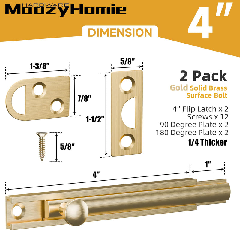 4 Inch Solid Brass Surface Bolt, Heavy Duty Concealed Slide Surface Door Bolt, Slide Bolt Latch French Door Lock with Screws for Windows Cabinet Wooden Fence Yard, Brushed Gold, 2 Pack 4 Inch Brushed Gold-2 Pack