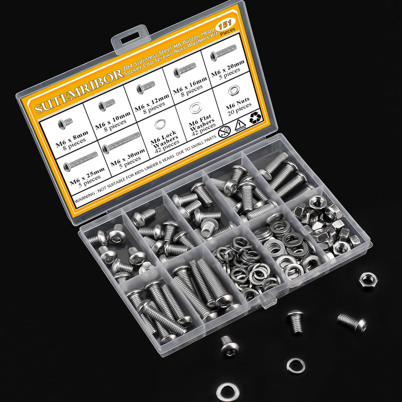 [Australia - AusPower] - 151 Pieces M6 Screws Nuts Washers Set, Sutemribor M6 x 8/10/12/16/20/25/30mm Button Head Socket Cap Screws Nuts Washers Assortment Kit, 304 Stainless Steel, Fully Threaded 