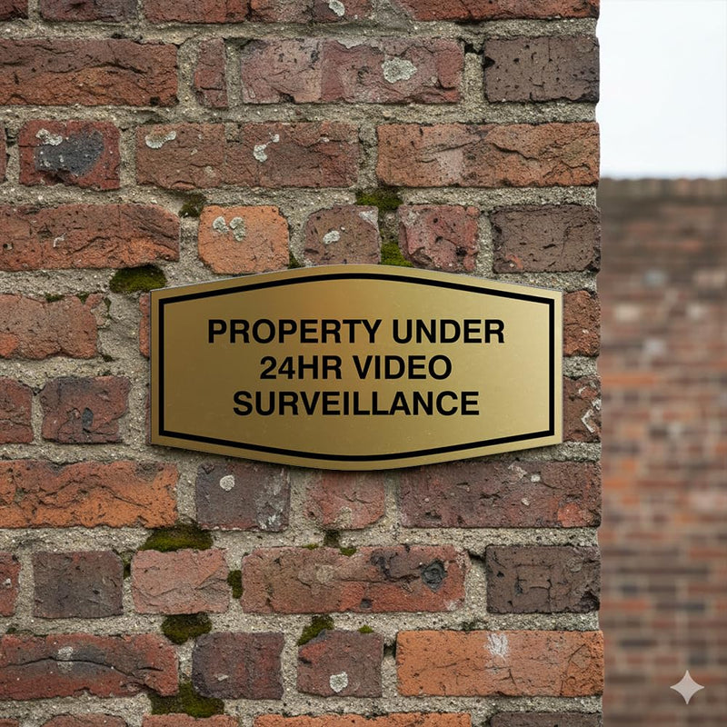 All Quality Fancy Property Under 24Hr Video Surveillance Sign | Property Security Sign with Easy Installation | 24/7 Security Monitoring (Black/Gold) - Medium 1 Pack 7 x 3.5" - Med (1 Pack) Black/Gold
