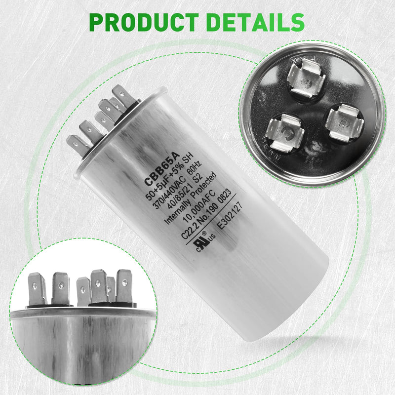 2025 Upgrade 3100248.487 CBB65A Capacitor - 50 + 5uF 370/440VAC 60Hz 10,000AFC Dual Run Circular Start for United States Standard AC Motors, Heat Pumps, Air Conditioning and RV Camper A/C