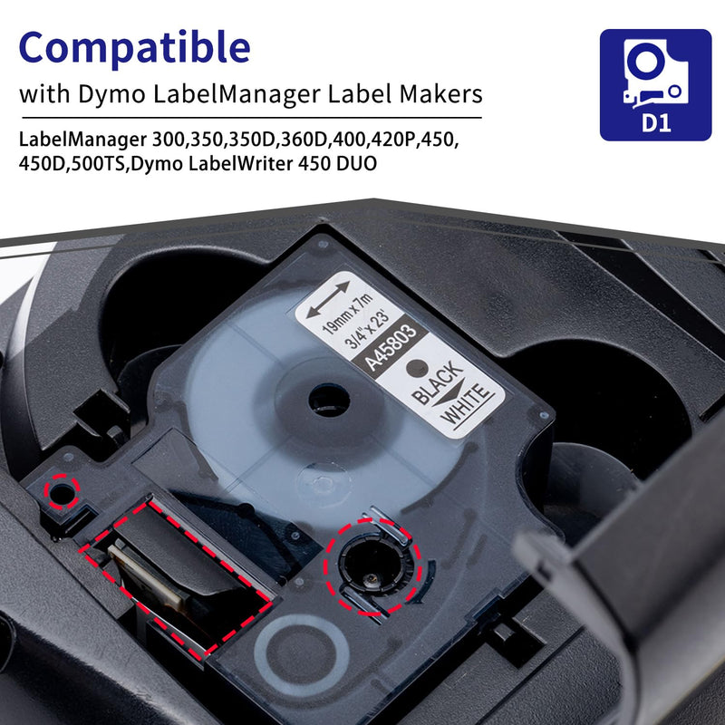[Australia - AusPower] - 6-Pack Compatible Dymo D1 Label Tape 19mm 45803 45803s S0720830 Label Maker Refills, Black on White, 3/4 Inch x 23 Ft(7m), for Dymo LabelManager 360D 420P 450D 500TS 450 Duo Label Maker 3/4 inch x 23 feet(19mm x 7m) 