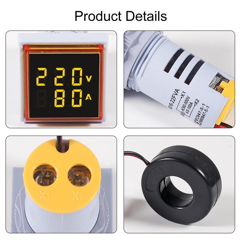 [Australia - AusPower] - 2pcs AC 60-500V 0-100A Digital Ammeter Voltmeter, 22mm Square LED Dual Display Voltage Gauge with Transformer, 110v 220v Voltage Tester Current Meter (Yellow) 