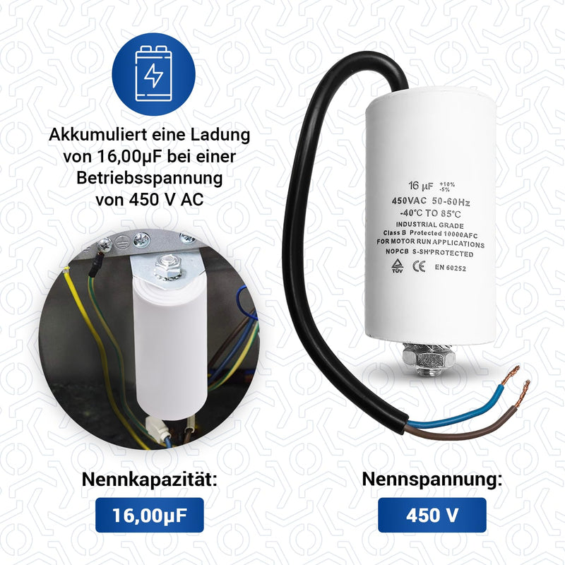 VIOKS CBB60 Capacitor 16µF 450V Universal for Electric Home Appliances | Starting capacitor motor starter capacitor motor capacitor starting capacitor, with connection cable mounting screw M8 16.00 µF cable