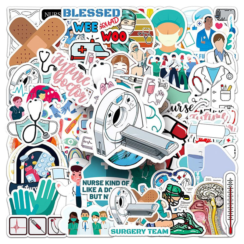 Medical Nursing Stickers |50Pcs Hospital Doctor Nurse Waterproof Vinyl | Removable Reusable Peel & Stick Decals Decoration for Water Bottles Bicycle Laptop Luggage Mobile Phone Skateboard Guitar Medical Nursing