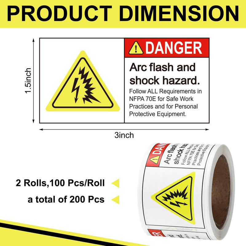 200 PCS Danger Arc Flash and Shock Hazard Labels - 3 x 1.5 Inch Electrical Hazard Warning Sticker Decals with Permanent Adhesive, Semi-Gloss Paper for Electrical Factories Warehouses