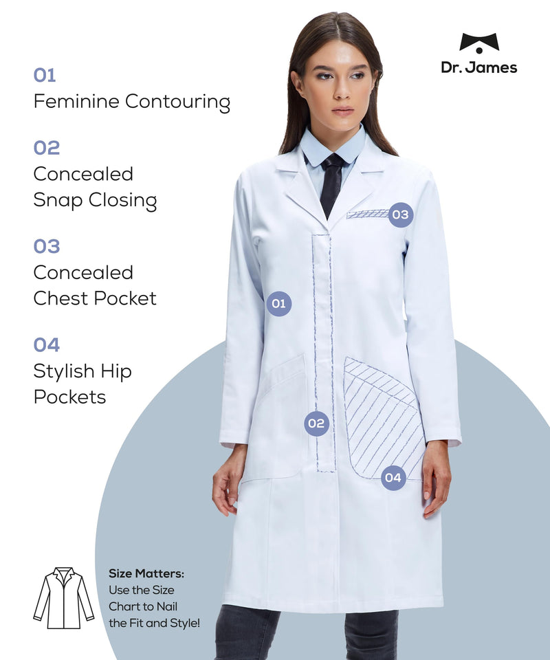 Dr. James Women’s Lab Coat – 100% Cotton, Classic Fit, Shaped for Women, 3 Pockets, 37” Length, OEKO-TEX® Certified 12 (L)
