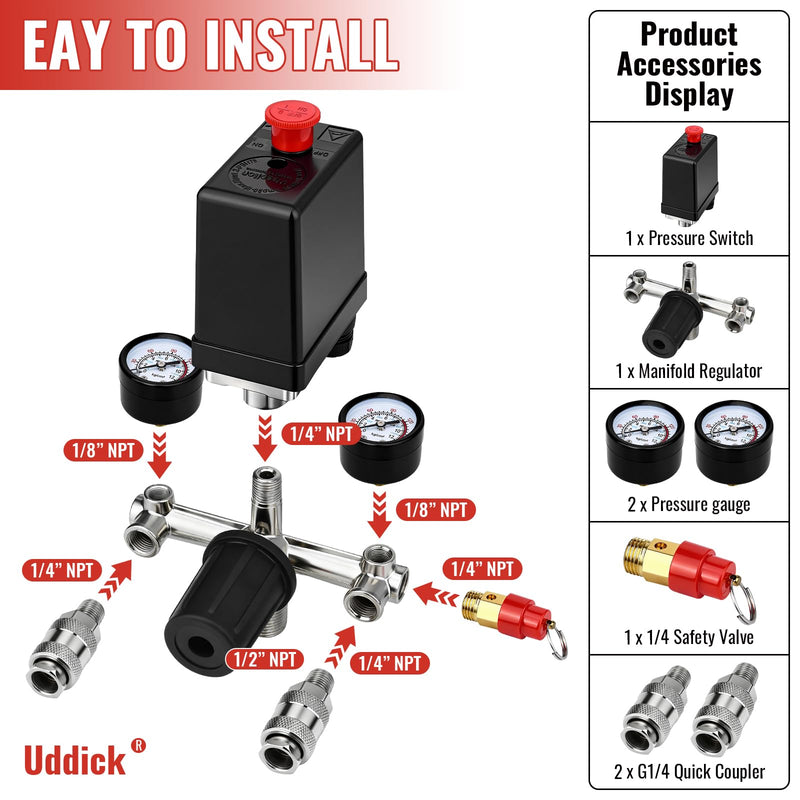 Air Compressor Pressure Control Switch with Gauge Regulator Control Valve,Manifold Regulator Air Compressor Parts,Pressure Switch Assembly of Regulating Valve