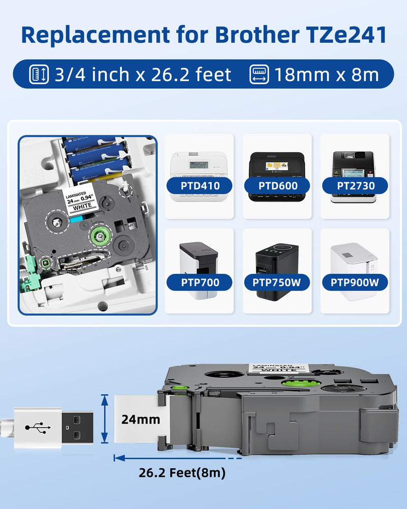 TZe-251 Label Maker Tape 24mm 0.94 Laminated White Compatible with Brother P-Touch Label Tape TZe251 TZ-251 Black on White 1 Inch TZe Tz Tape Work for Brother PT-D600 PT-D610BT PTP700 PTP710BT, 8-Pack