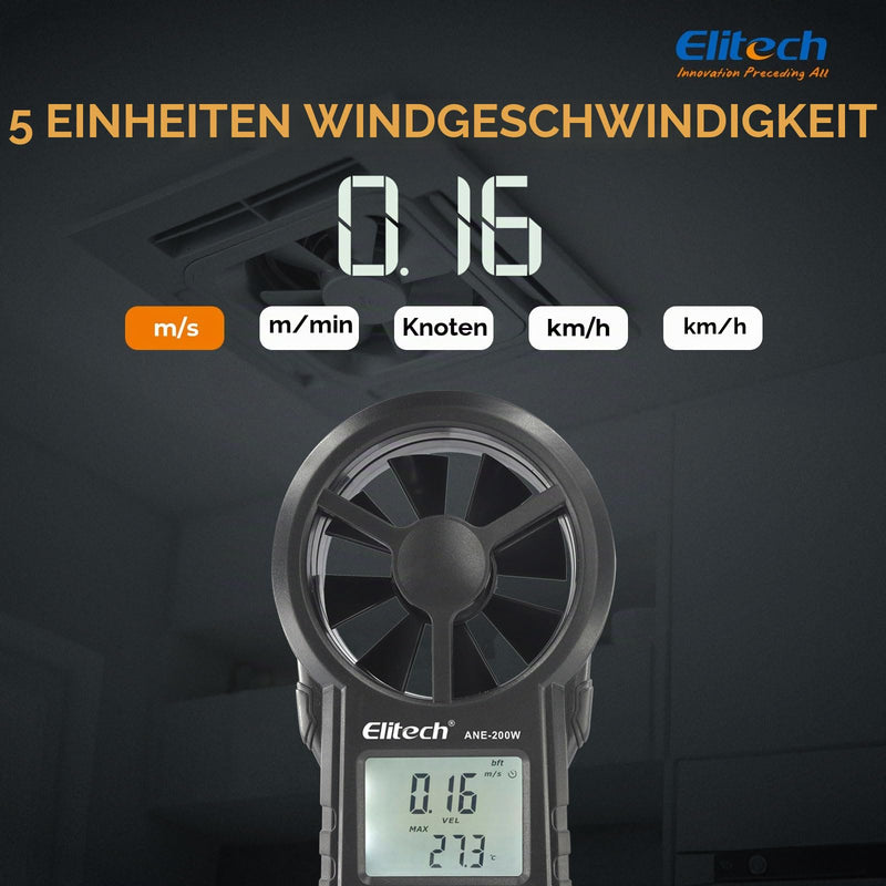 Elitech Bluetooth Wind Gauge, Digital Anemometer Wind Speed Measurement Temperature, CFM/CMM Air Flow Measurement for HVAC & Environmental Testing ANE-200W