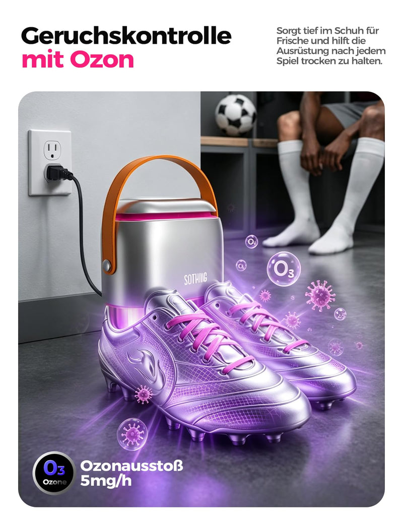 SOTHING Electric Ozone Shoe Dryer for Football Boots | 360° airflow football boots, flex tubes, ski boots, ozone odor mode, 3 levels, 1-9 H timer, includes storage bag