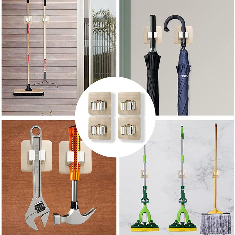 Broom Holder Wall, Pack of 4 Wall Mount Broom No Drilling Broom Holder Self-Adhesive Wall Device Holder Broom Mop Holder Broom Mop Holder for Home Kitchen Bathroom Garden Garage