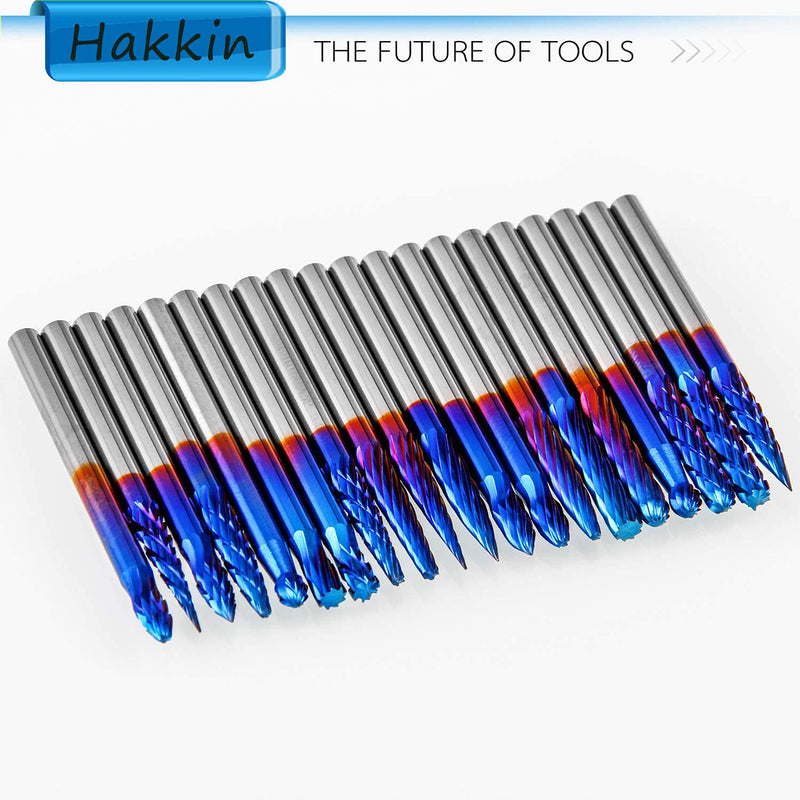 Hakkin 20 Pcs Carbide Rotary Burrs Set, End Mill CNC Router Bit, 1/8" Shank Nano Blue Coating Ball Nose End Mill, Double Cut Coat Rotary Drill for Die Grinder Woodworking, Engraving, Drilling, Carving