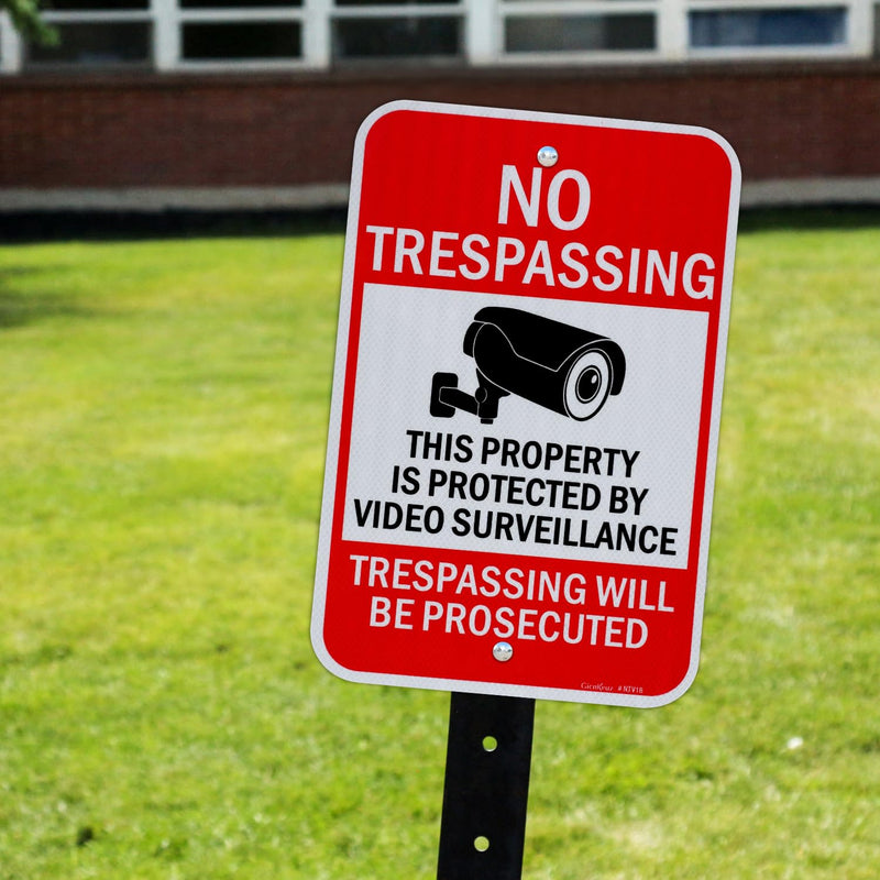 GicnKeuz Large Video Surveillance Signs, 18x12 Inches No Trespassing Sign Private Property Sign,Engineer Grade Reflective Aluminum, Fade Resistant,Indoor or Outdoor Use (2-Pack) Red 2 PACK