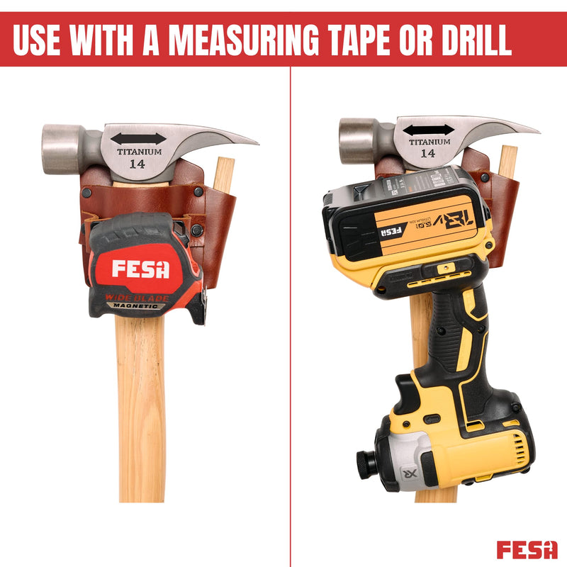 FESA Leather Tape Measure Holder - Measuring Tape or Drill Holder for Tool Belt with Steel Clip, Pencil Pocket & Heavy Duty Rivets - 2 Ways to Attach - Fits Any Belt - Handcrafted Cherry - With Hammer Pocket