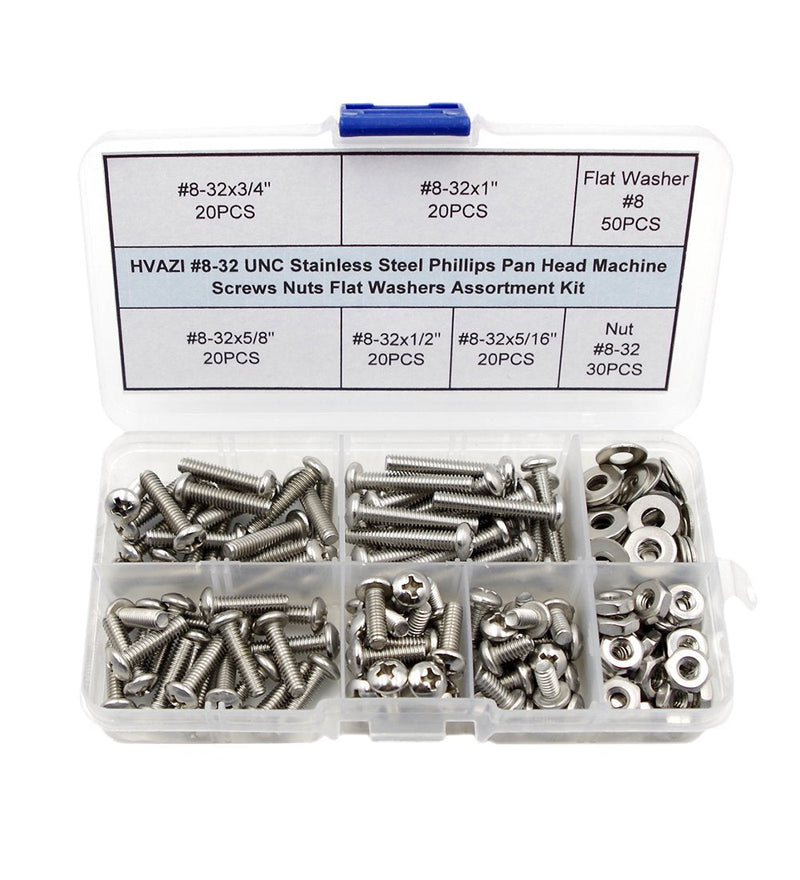 [Australia - AusPower] - #8-32 UNC Stainless Steel Phillips Pan Head Machine Screws Nuts Flat Washers Assortment Kit #8-32UNC 