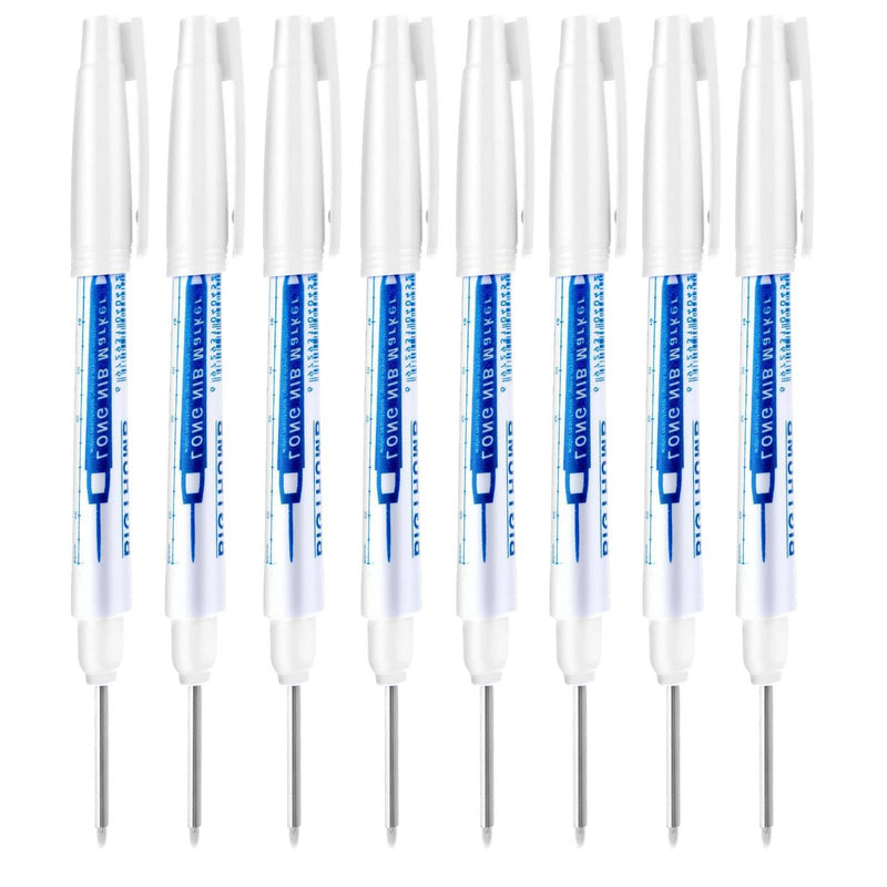8Pcs Deep Reach Markers Waterproof Deep Hole Marker Pens 34mm Construction Markers Permanent Ink Quick-Dry Long Nib Marker Drill Long Nose Metal Marking Pen for Carpenters Construction (White) White