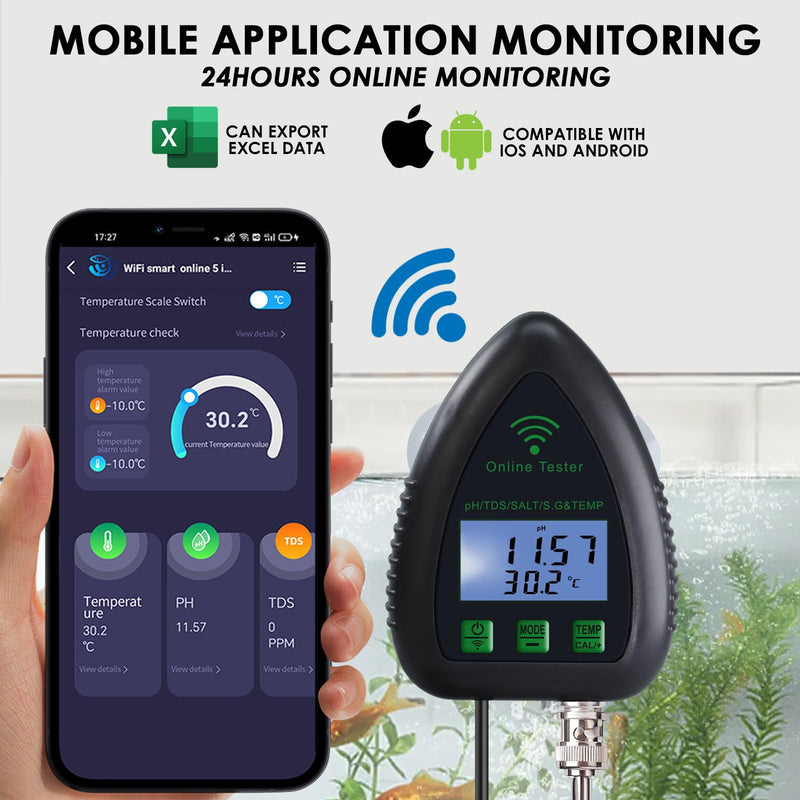 [Australia - AusPower] - WiFi Water Quality Monitor 5-in-1 pH, S.G., TDS, Salt & Temperature Tester | 24/7 Online Hydroponic Monitoring with Data Logging & Alarms for Aquariums, Fish Ponds & Saltwater Pools 
