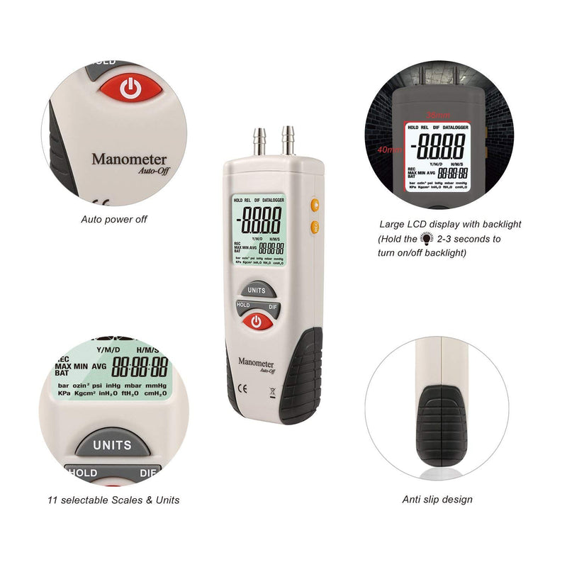 [Australia - AusPower] - Digital Manometer, Dual Port Air Pressure Meter Pressure Gauge HVAC Gas Tester, Differential Pressure Manometer with 5/16 Inches Diameter Pressure Port, Hti-Xintai 5/16 Inches Diameter Port 