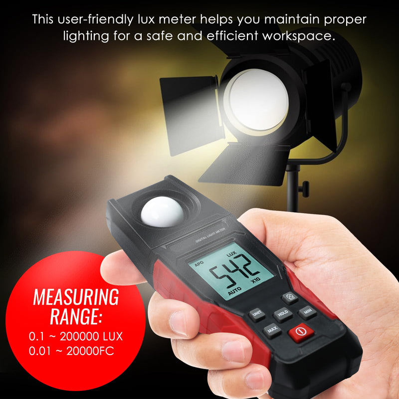 [Australia - AusPower] - Light Meter Digital Illuminance Light Lux Meter Handheld with Large LCD Display, Data Hold, Backlight, Max Reading 0.1 to 200,000 LUX Fast Response High Accuracy for Indoor & Outdoor Light Measurement 