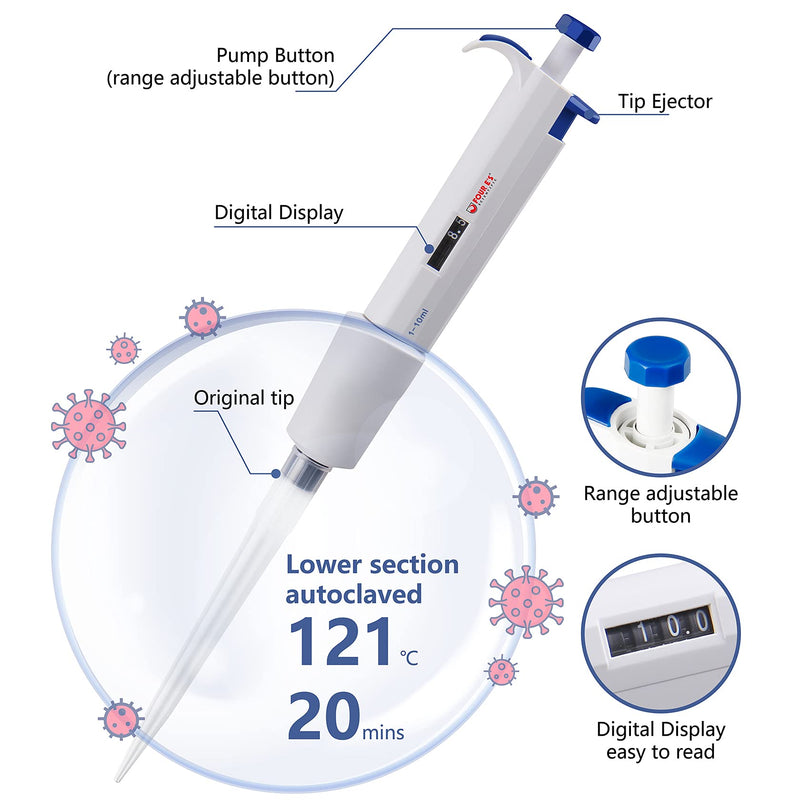 [Australia - AusPower] - FOUR E'S SCIENTIFIC 1-10ml High-Accurate Single-Channel Manual Adjustable Variable Volume Pipettes 09 (1-10ml) 