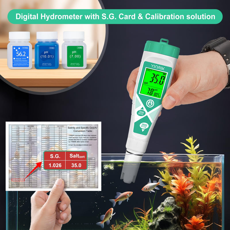 [Australia - AusPower] - Aquarium pH Salt Tester, Digital Salinity Meter for Freshwater & Saltwater Fish Tank, Simultaneous display Salt pH TDS for Koi Pond, Reef Tank, Aquaponics PPM pH EC Reader, Hydrometer with S.G. Card 