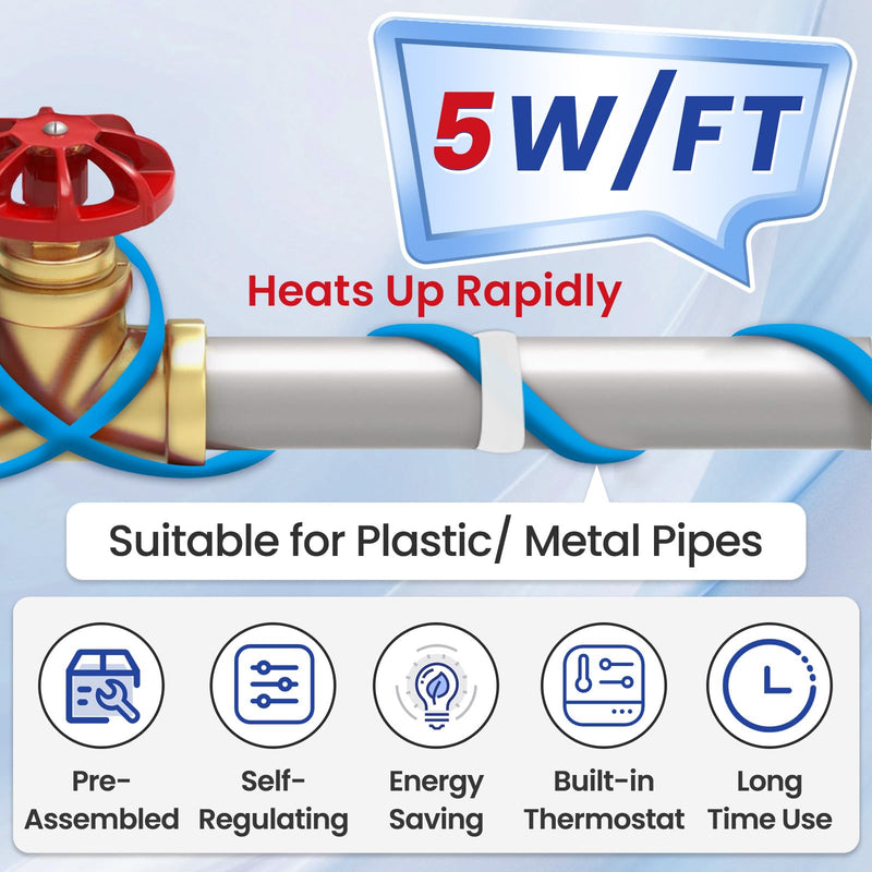 MAXKOSKO 30 Ft. 120 V Heating Cable for Pipe Freeze Protection, Self-Regulating Heat Tape for Water Pipes for Metal and Plastic Pipes, Energy-Saving Heat Trace Cable Keeps Water Flowing at -40 °F Single-Light (Classic) 30-feet