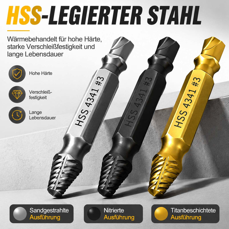 Set of 3 Screw Extractors, 6 Pieces, HSS 4341 Left Extractor for Damaged Screws, Screw Remover and Screw Extractor for Cordless Screwdrivers and Drills
